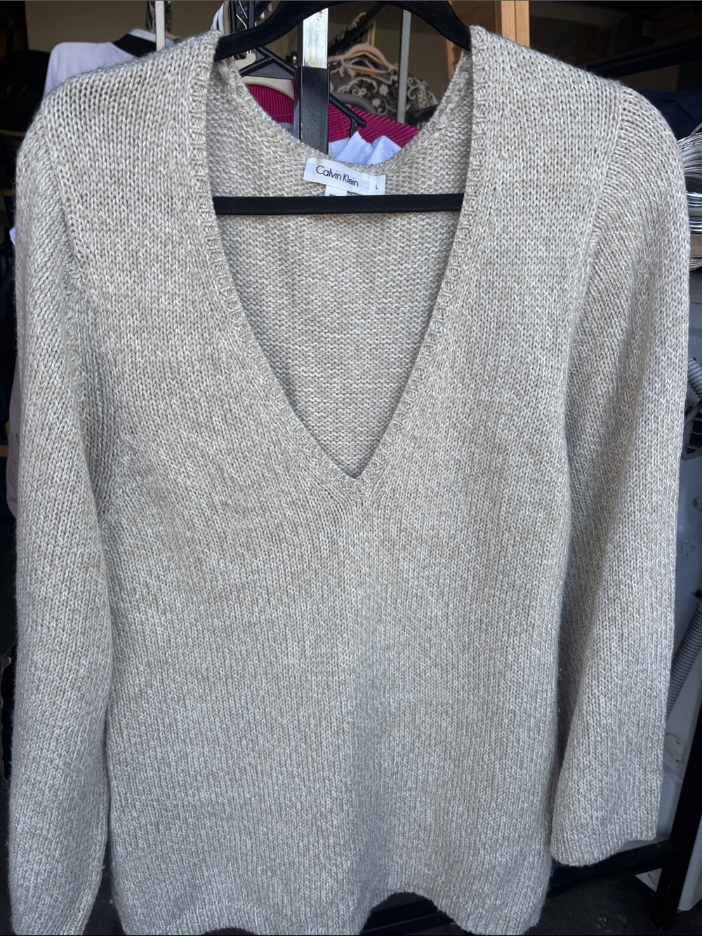 Calvin Klein Women's V-Neck Sweater in Beige Heather